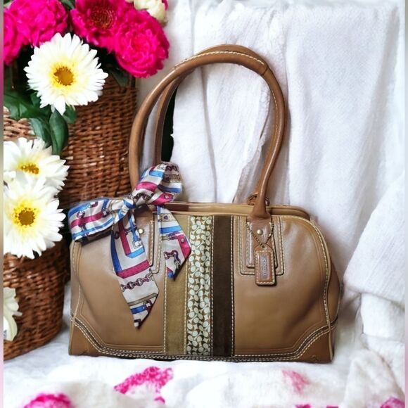 COACH VTG Tan Leather Signature Print Satchel Purse Bags
